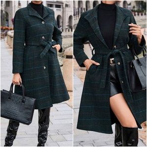 Classic Plaid Print Button Belted winter Jacket Trench Coat